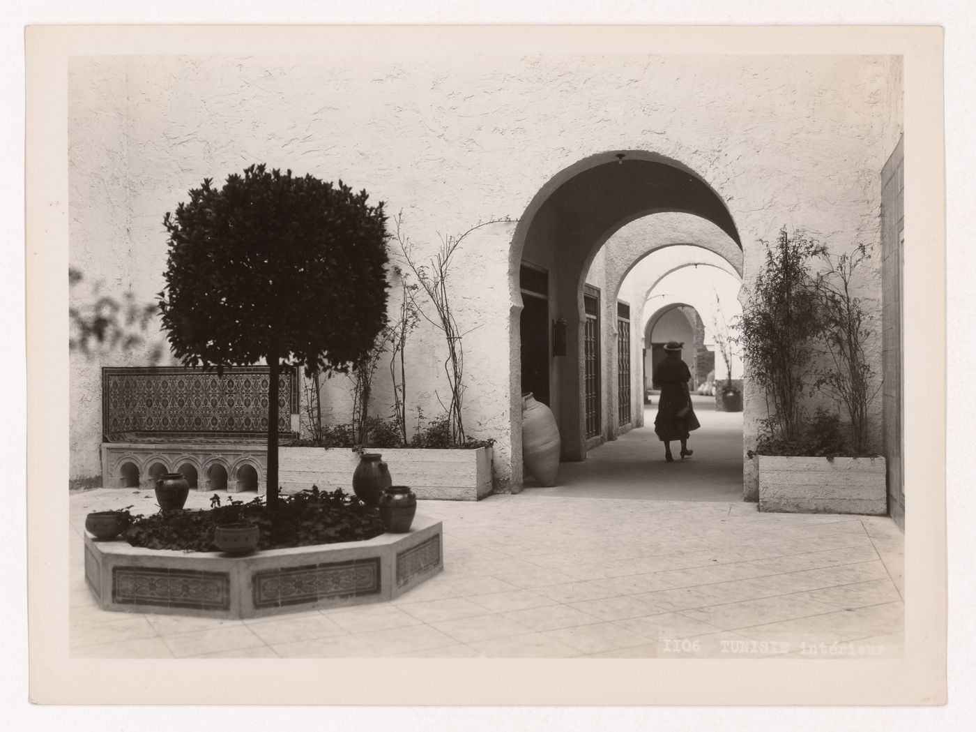View of the courtyard and a hallway of Tunisia's pavilion, 1937 Exposition internationale, Paris, France