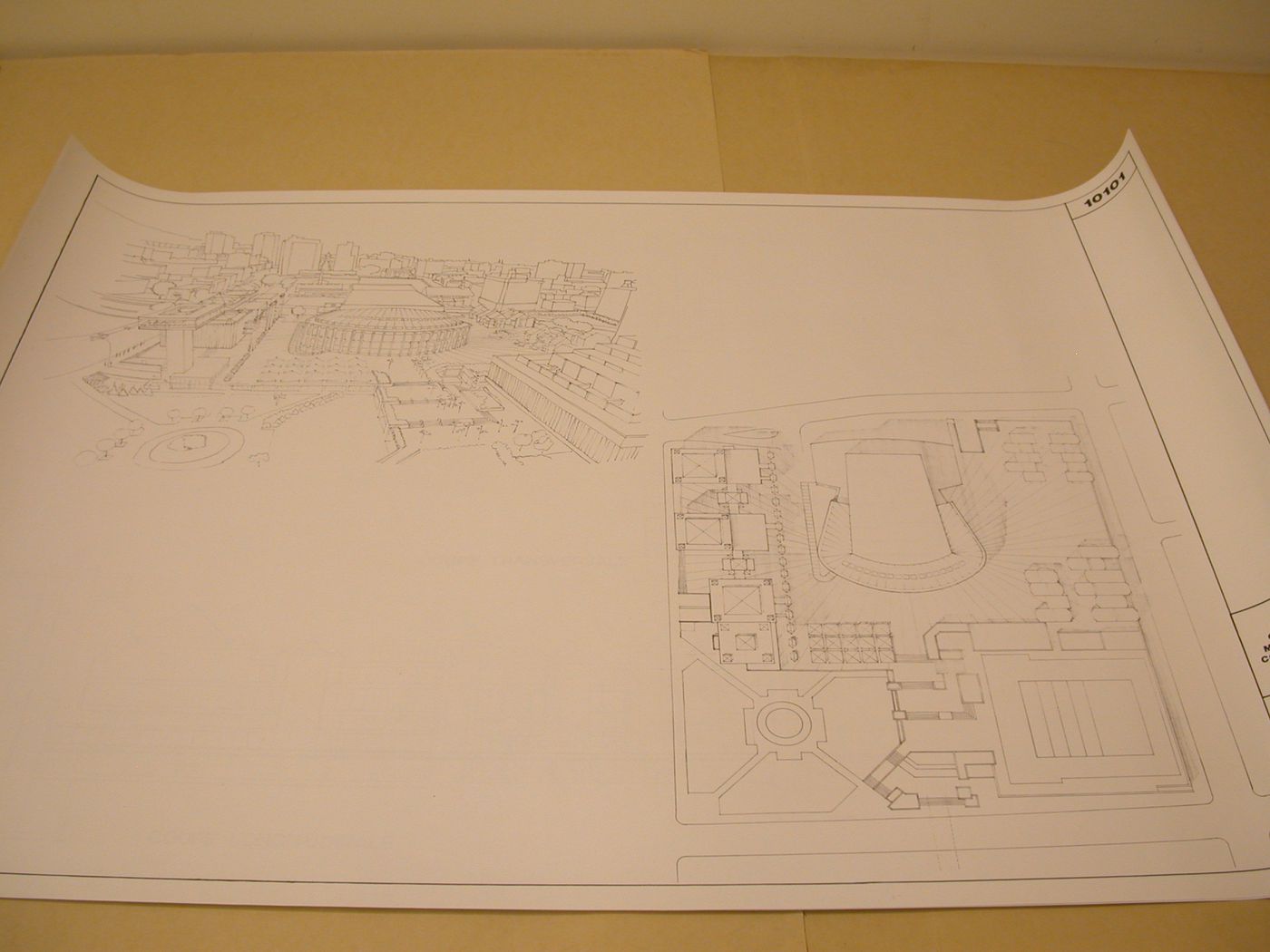 Reprographie d'un dessin, Concours d'architecture pour le Musée d'art contemporain de Montréal, Montréal, Québec : Perspective à vol d'oiseau et plan de masse