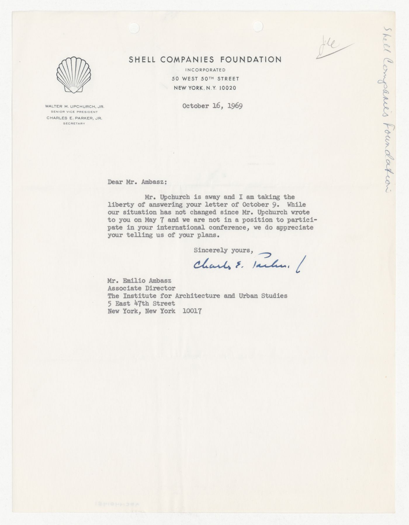 Letter from Charles E. Parker Jr. to Emilio Ambasz responding to proposal for Institutions for a Post-Technological Society conference