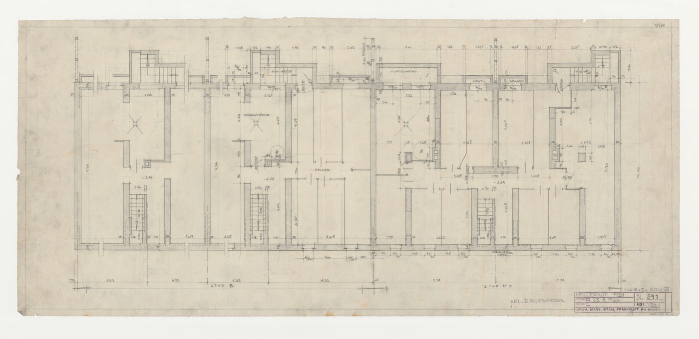 Basement plan for type B and type EO housing units for Block VIII, Hellerhof Housing Estate, Frankfurt am Main, Germany