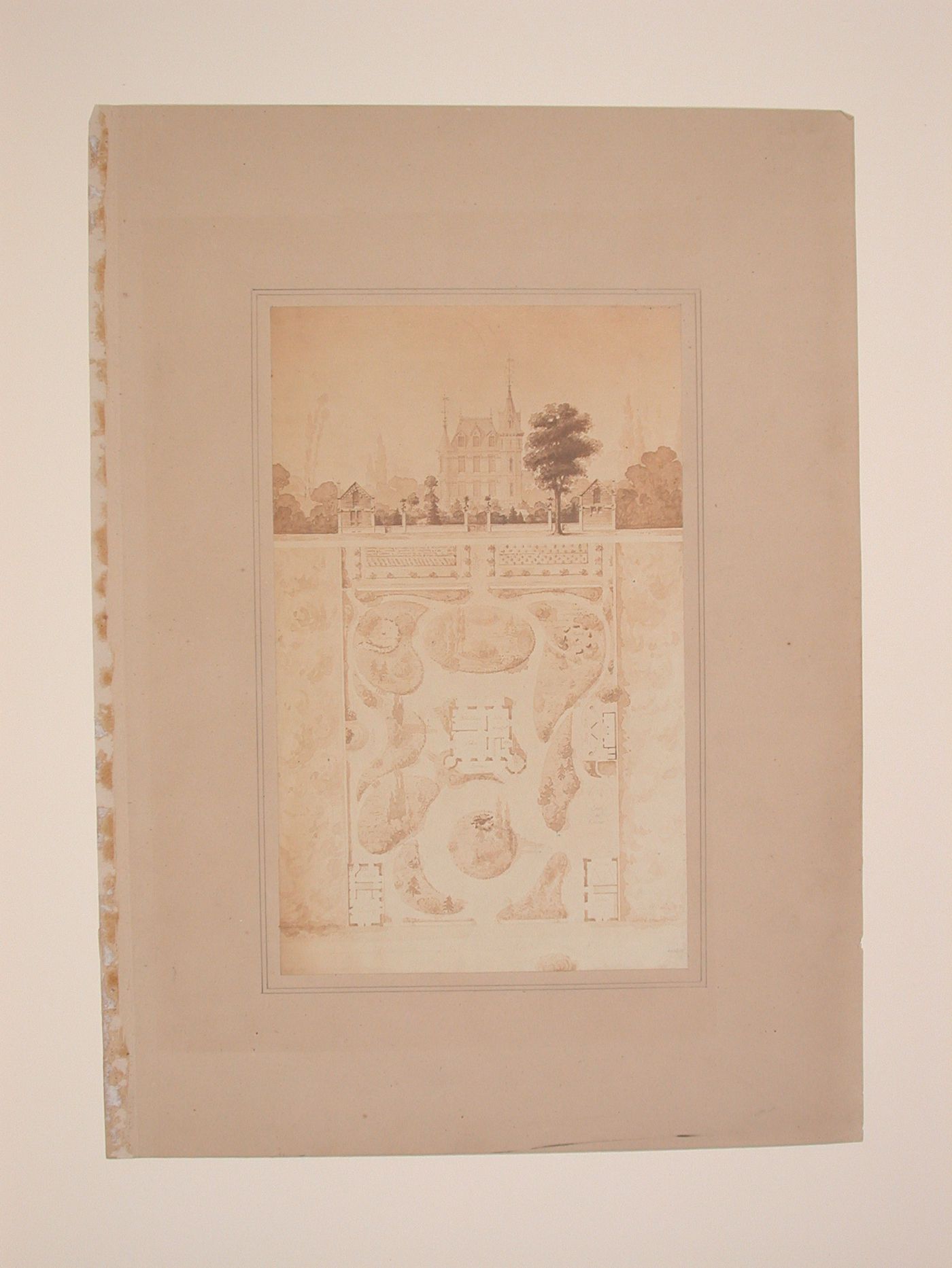 Rendered elevation and site plan for a mansion with outbuildings