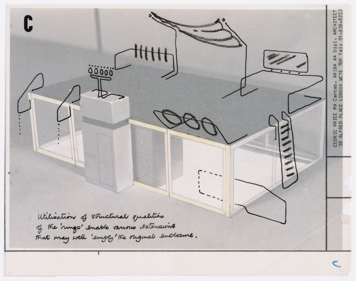 Perspective sketch for house showing "extensions", from the project file "Housing Research"