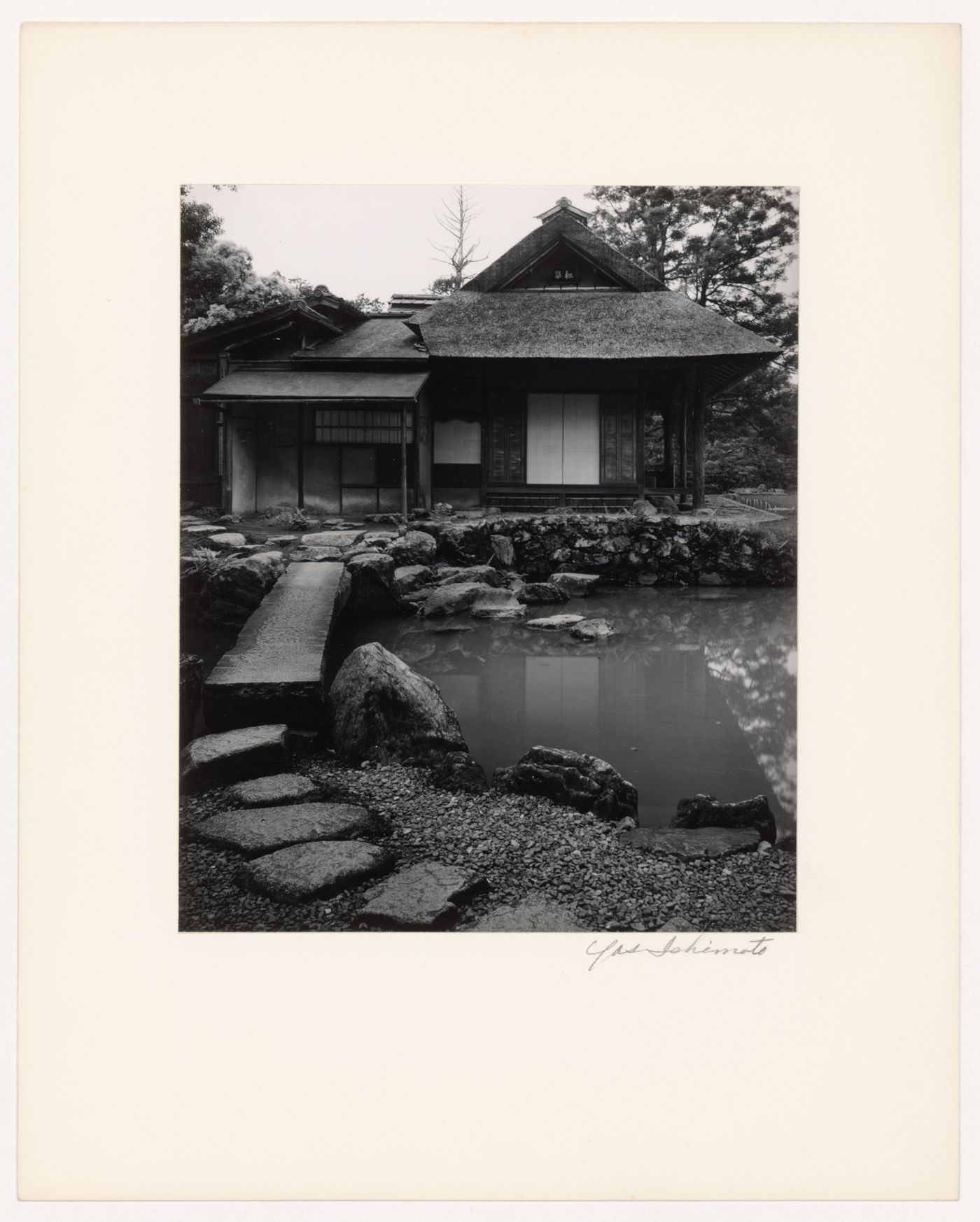 View of the northeast elevation of the Shokintei showing the entrances to the tea-ceremony room and the Second Room with the Shirakawa Stone Bridge in the foreground, Katsura Rikyu (also known as Katsura Imperial Villa), Kyoto, Japan