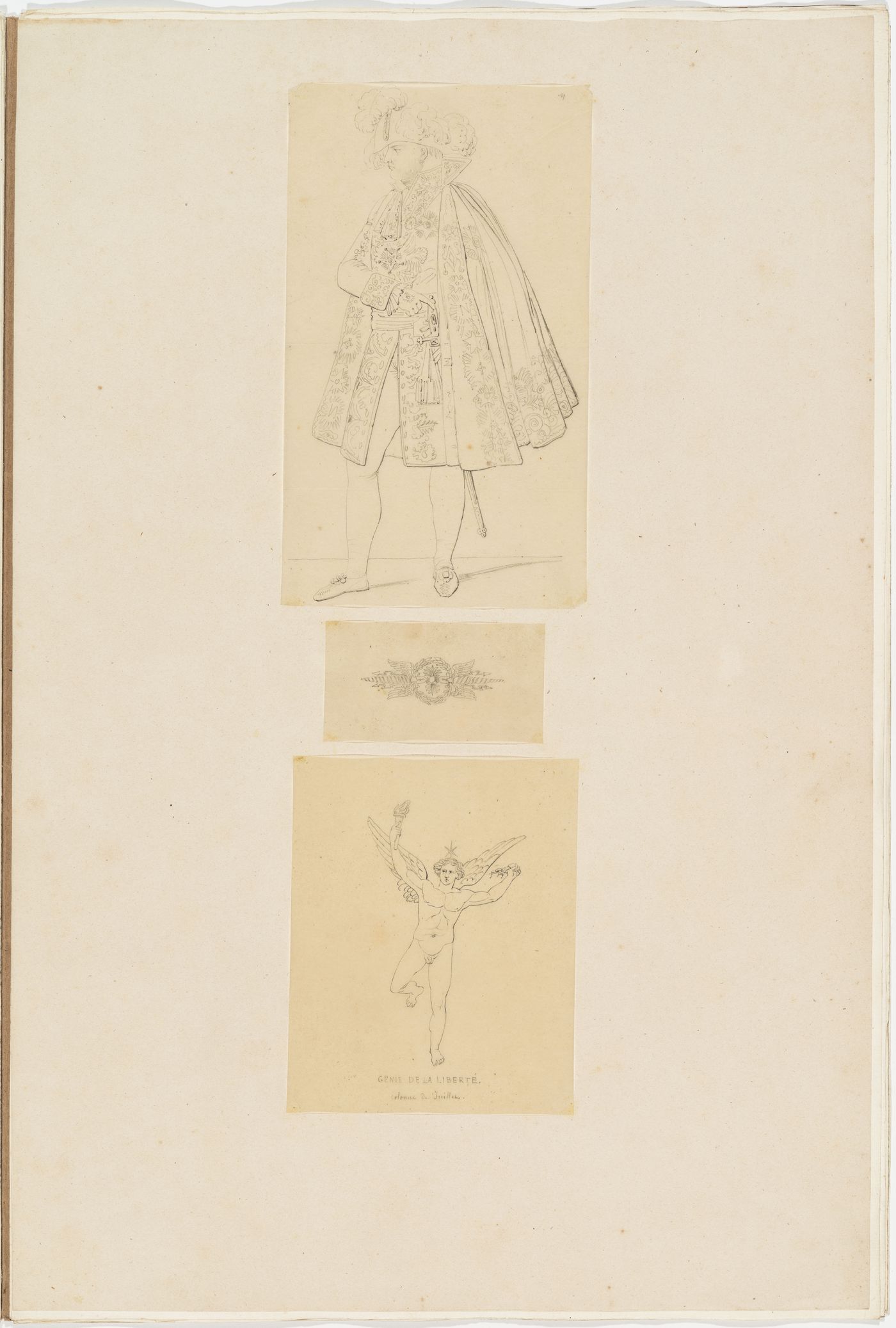Drawing of Napoleon with a plumed hat, cape, and jacket; Drawing of a decorative wreath with two pairs of eagle wings; Drawing of the "Genie de la Liberté" from the Colonne de Juillet, Paris