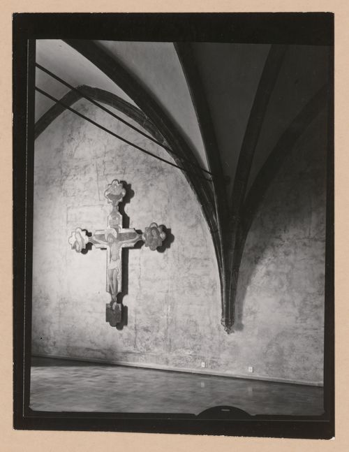 Interior view of a gallery showing a freestanding painted crucifix, Palazzo Abatellis, Galleria regionale della Sicilia, Palermo, Italy