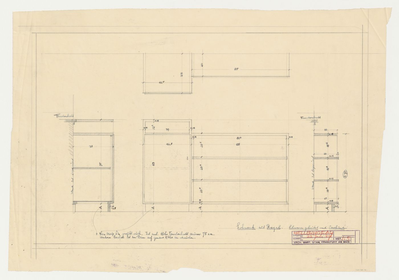 Plan, sections, and elevation for a cupboard with shelves for Hellerhof Housing Estate, Frankfurt am Main, Germany