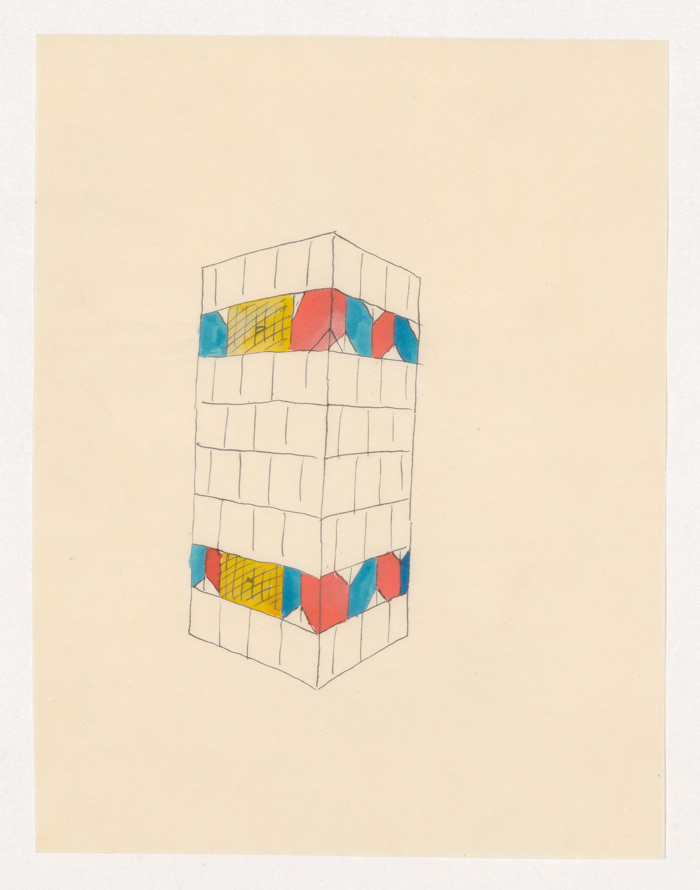 Perspective sketch for a tiled stove decorated with a red and blue geometric pattern