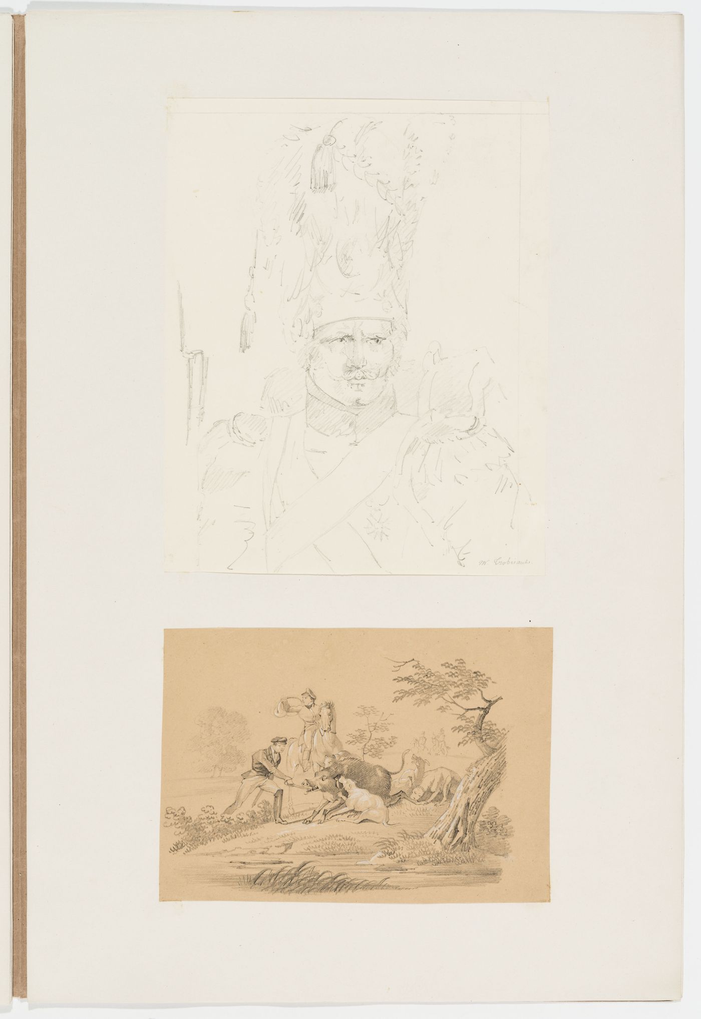 Sketch of a cossack; Drawing of a boar hunt