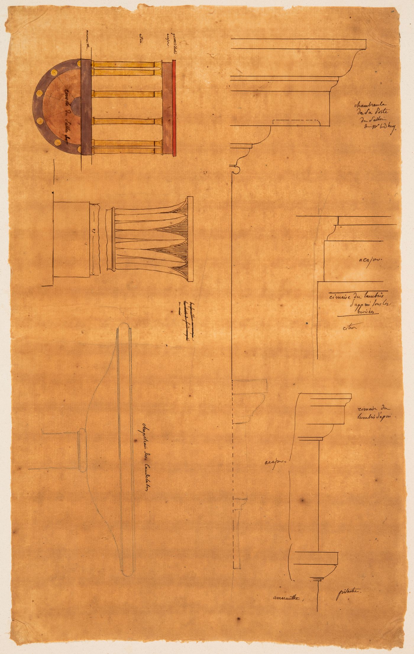 Project for renovations for a house for M. le Dhuy: Details for mouldings, columns, and cornices, and an elevation and half plan for a console table for the salon