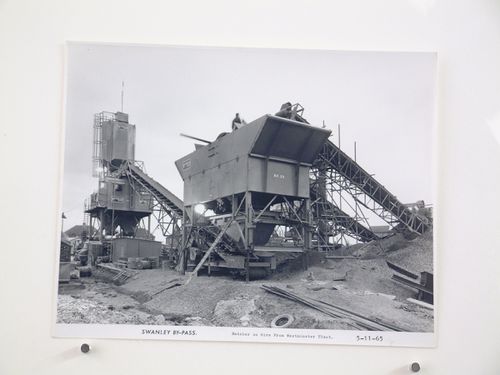 View of batcher on hire from Westminster Plant, during construction of the Swanley Bypass, England