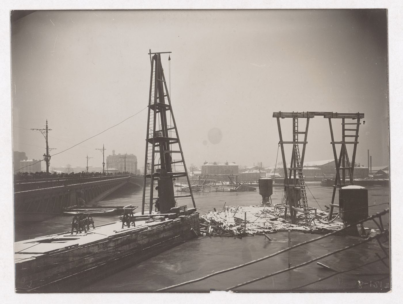 Construction of the Paris Metro, exterior view of machinery in the Seine, Paris, France