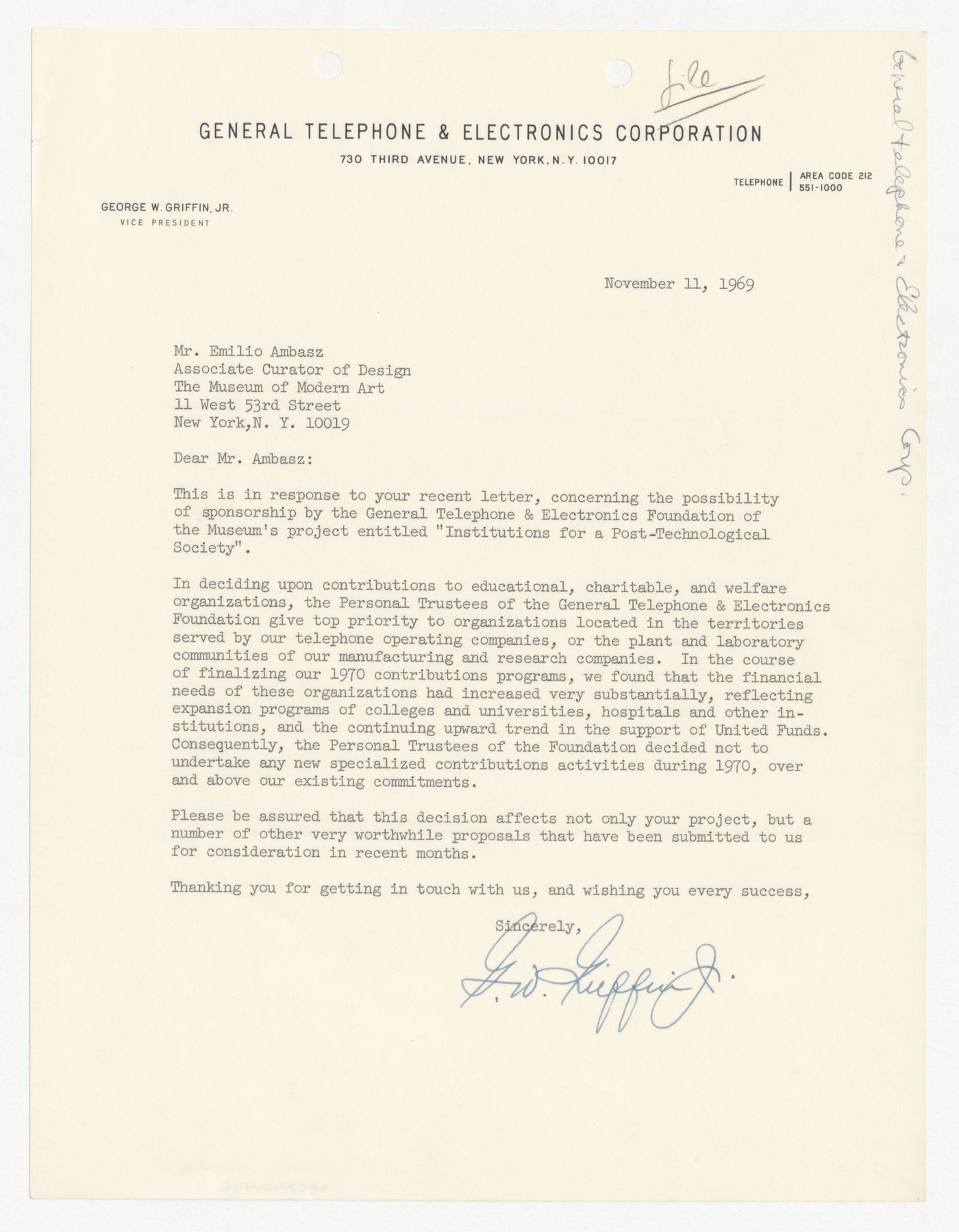 Letter from George W. Griffin Jr. to Emilio Ambasz responding to proposal for Institutions for a Post-Technological Society conference