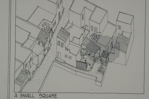 Axonometric view of small town square for the Aranya Housing Project, Indore, India