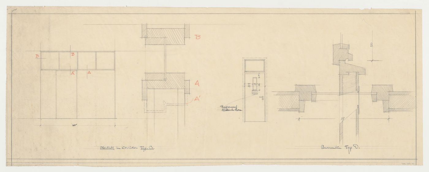 Elevations and sectional details for a type C window and a type D door for housing units, probably for Hellerhof Housing Estate, Frankfurt am Main, Germany