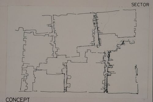 Sector sketch site plan showing plots layout at concept phase of development for the Aranya Housing Project, Indore, India