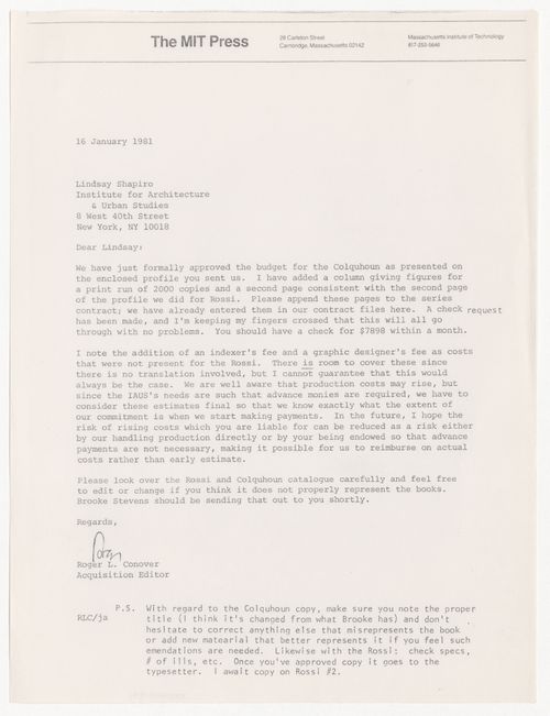 Letter from Roger L. Conover to Lindsay Stamm Shapiro about Oppositions Books publishing a book by Alan Colquhoun