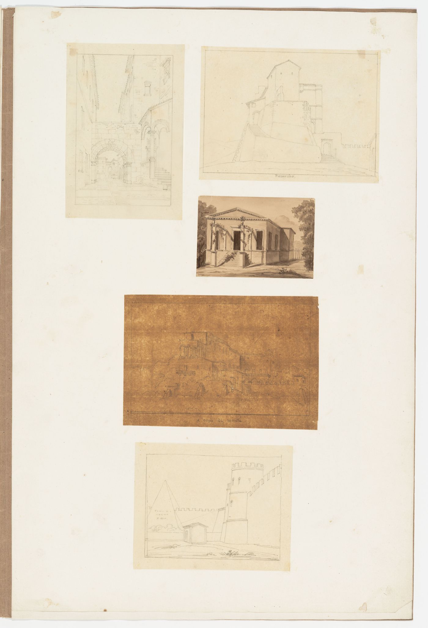 View of Passerano; View of Capo Mante; View of the pyramid of Caius Cestius, Rome; Two views of unidentified buildings