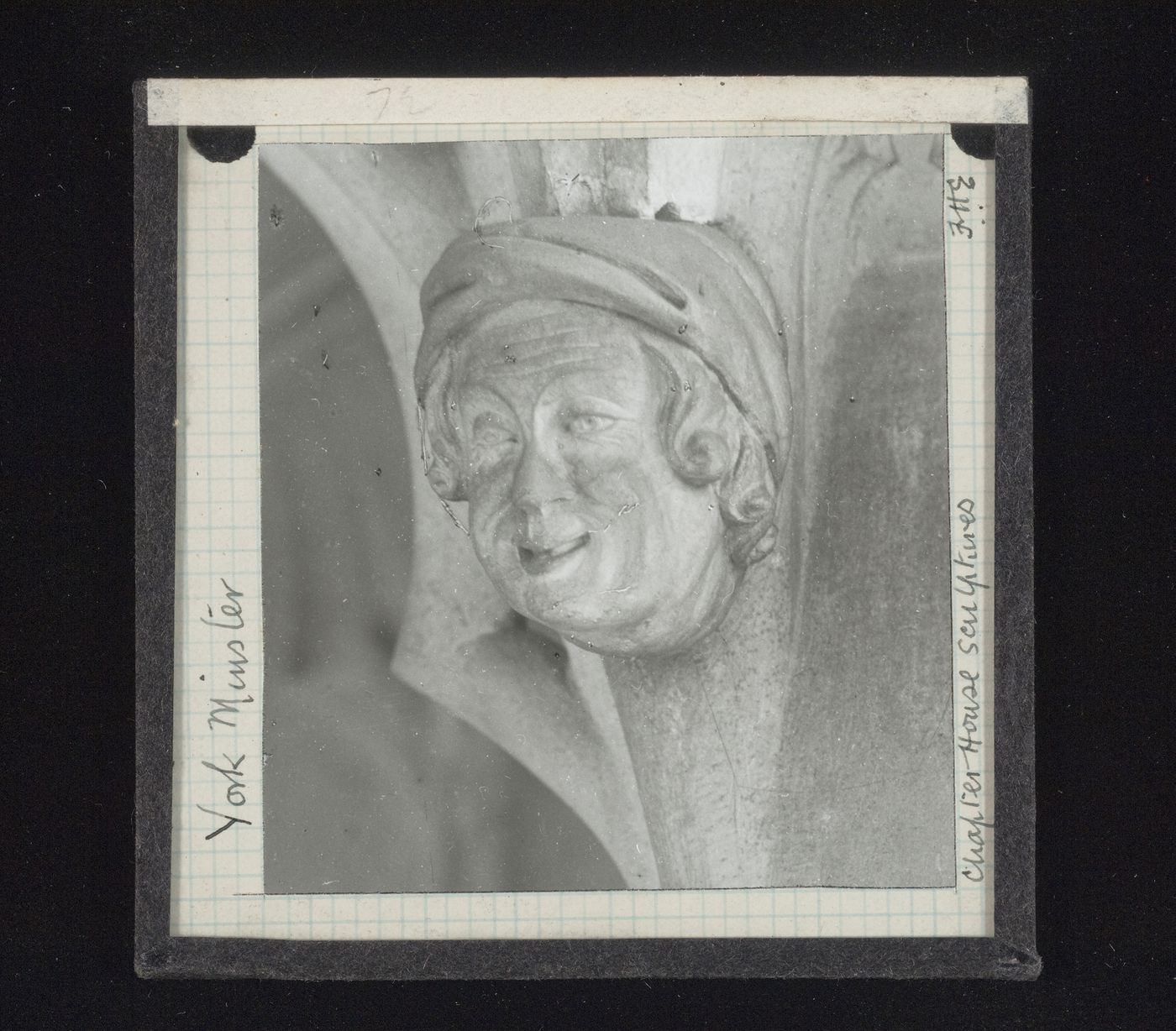 View of sculpture of head in Chapter House of York Minster, York, North Yorkshire, England