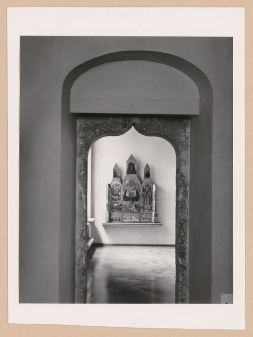 View of a doorway and gallery showing a triptych, Palazzo Abatellis, Galleria regionale della Sicilia, Palermo, Italy
