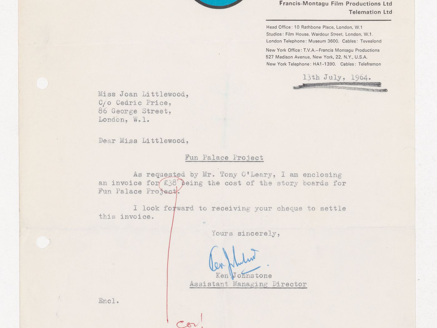 Letter from Ken Johnstone of The TVA Group of Companies to Joan Littlewood regarding payment for storyboards for Fun Palace Project film