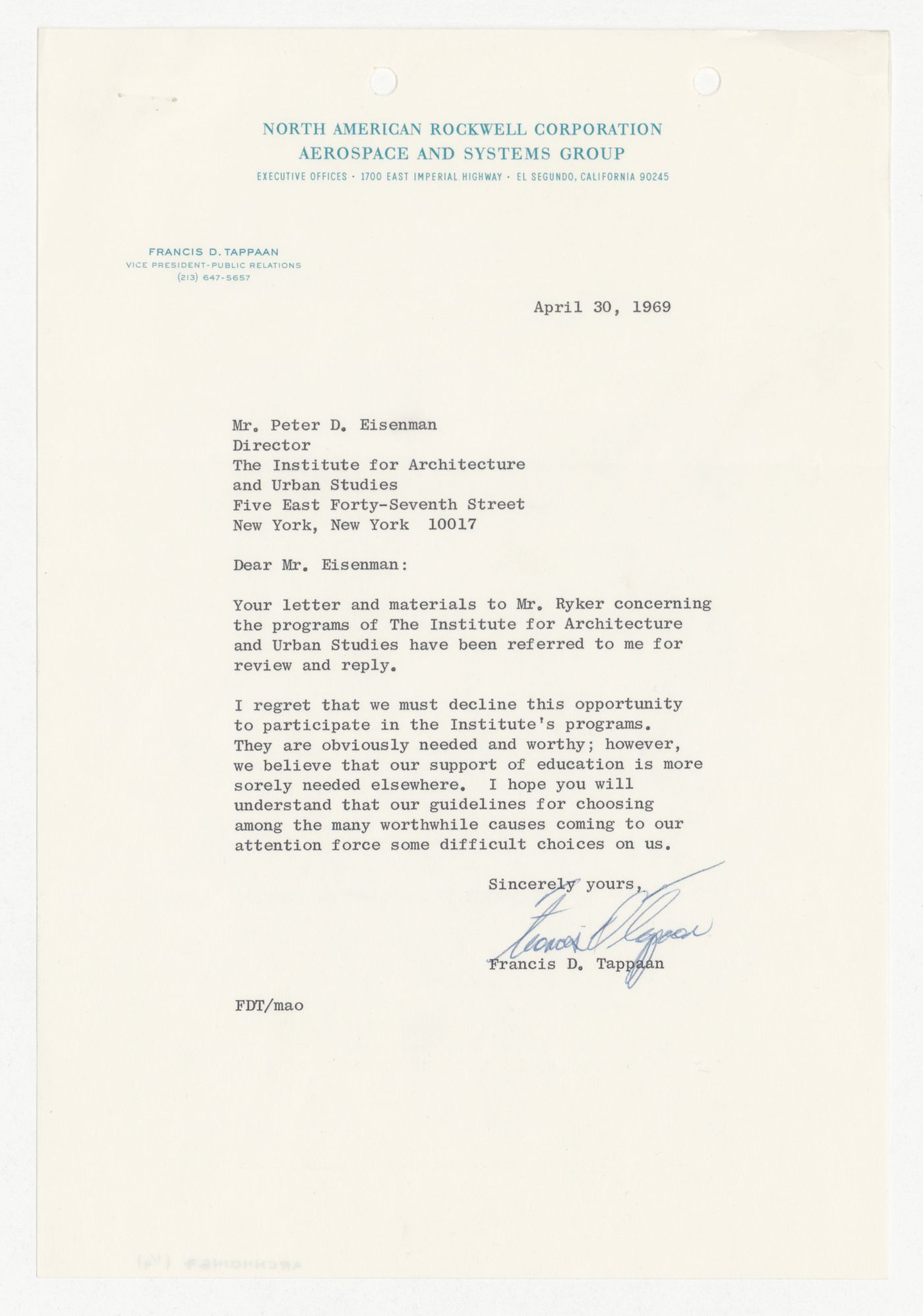 Letter from Francis D. Tappaan to Peter D. Eisenman responding to a donation request made by Eisenman with attached press release for a television special and copy of the original letter