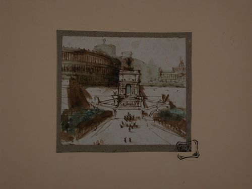 Visionary design for a triumphal arch above an elaborate staircase, with an amphitheater and other buildings behind