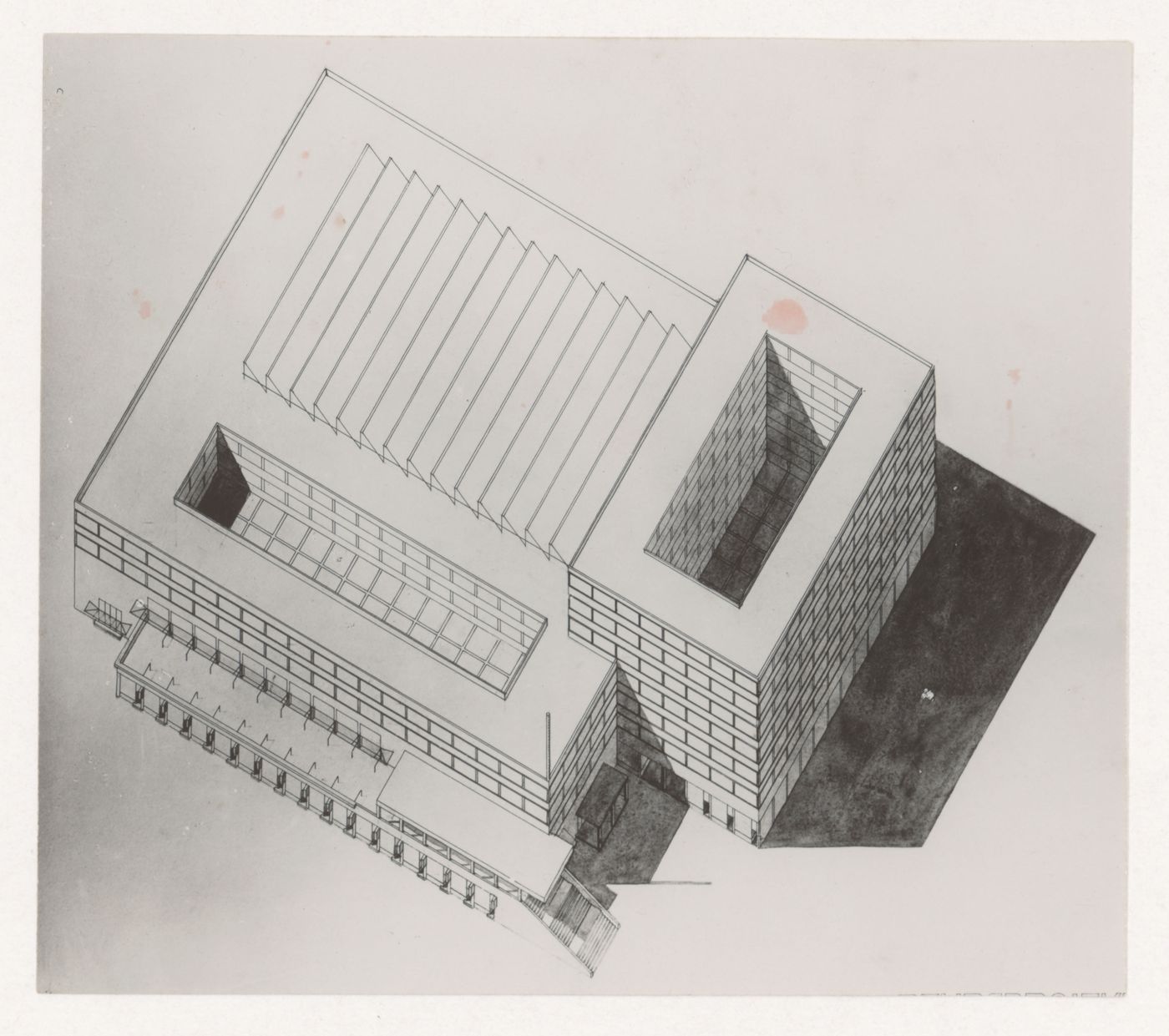Photograph of a bird's-eye axonometric drawing for the New Stock Exchange Building, Rotterdam, Netherlands