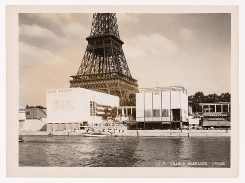 View of Great Britain's and Sweden's pavilions with the Tour Eiffel in the background and the Seine in the foreground, 1937 Exposition internationale, Paris, France