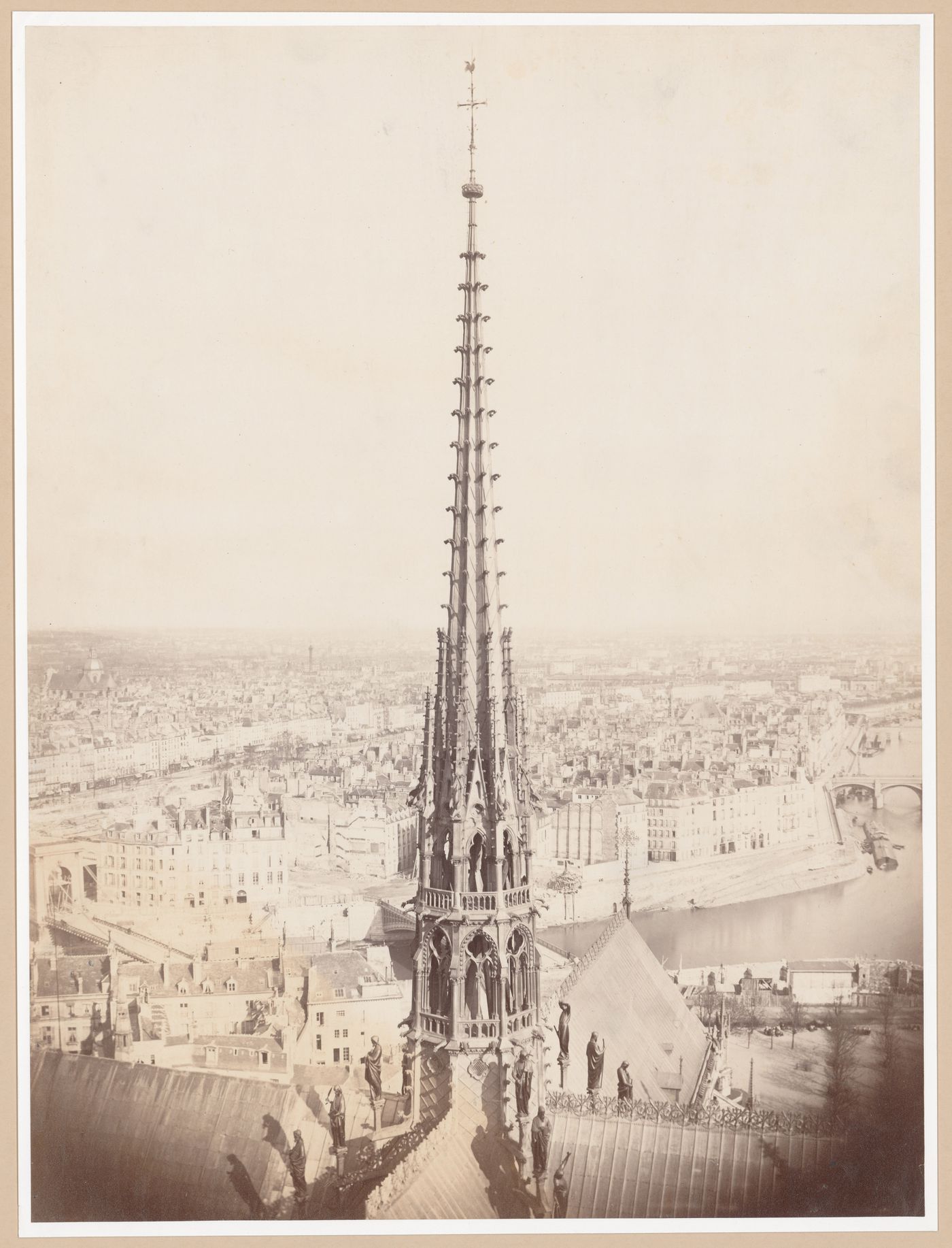 Spire of Notre Dame and view from the west of city towards the east, Paris, France
