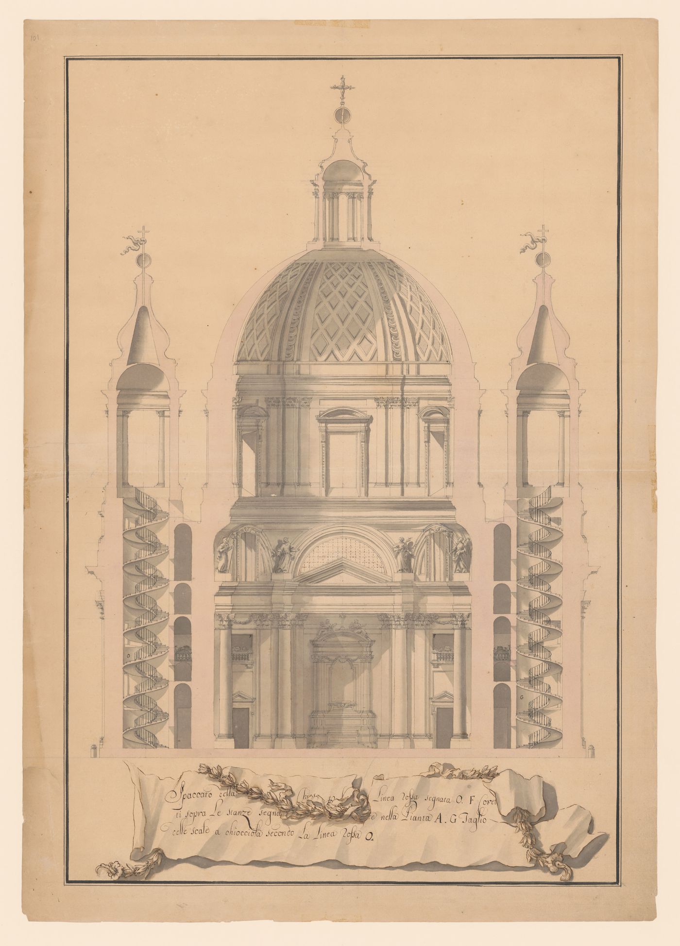 Cross section for a central-plan church looking towards the altar