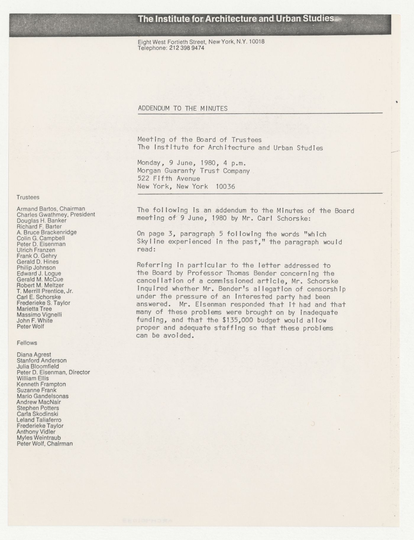 Addendum to the minutes of the meeting of the Board of Trustees of June 9th 1980