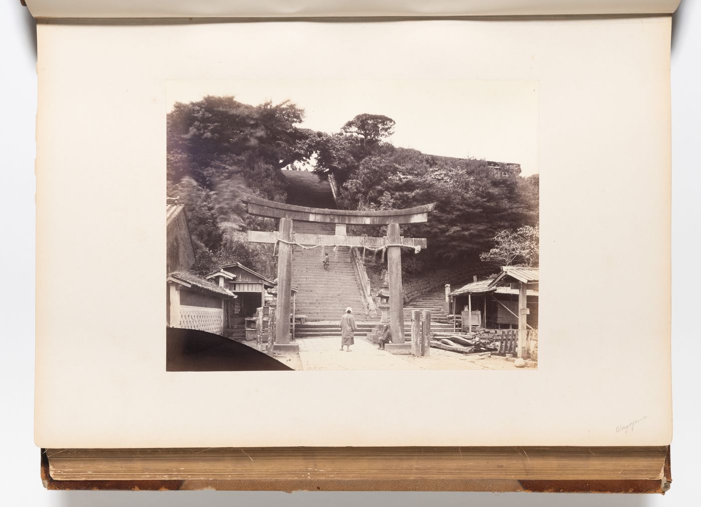 View of a torii and the Otokozaka stairs at the entrance to the Atago Jinja Shrine complex, Edo (now Tokyo), Japan