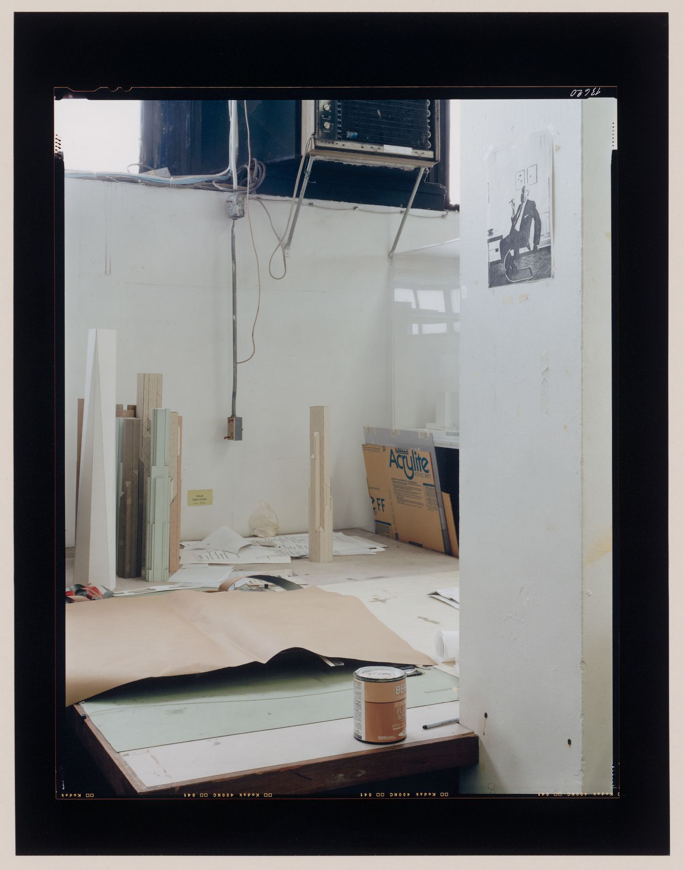 View of a classroom dedicated to skyscrapers design with a photograph of Mies van der Rohe on a wall, gound floor of Crown Hall, Illinois Institute of Technology, Chicago