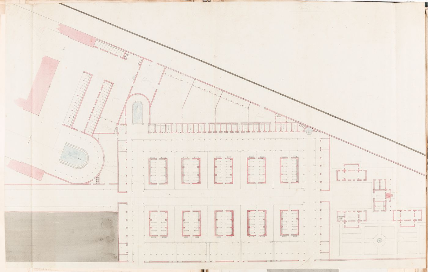Project for a horse auction house and infirmary, Clos St. Charles, nouveau quartier Poissonnière: Ground floor plan for the infirmary