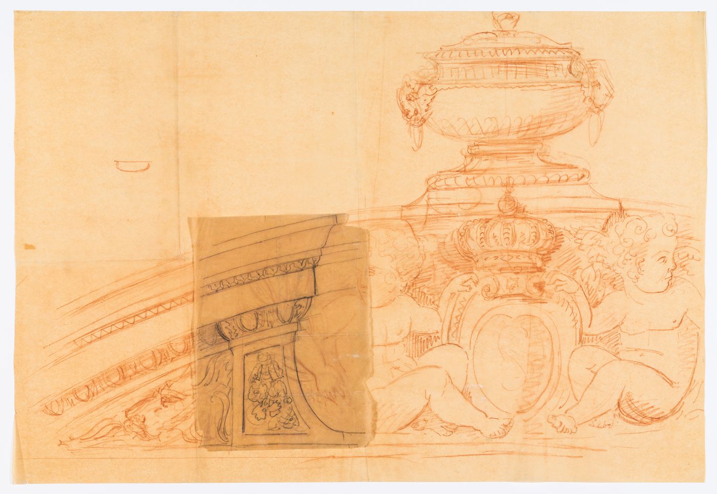 Full-scale detail for a pediment with cartouche and urn, possibly for Hôtel Soltykoff