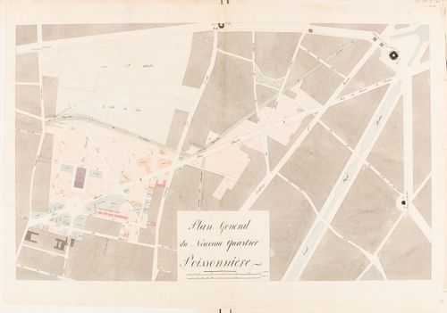 Site plan for the nouveau quartier Poissonnière, including property lots and a block plan for the horse auction house and infirmary, Clos St. Charles