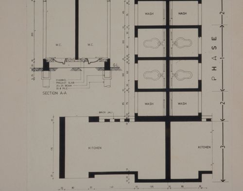 First floor plans and section of sanitary core for the Aranya Housing Project, Indore, India