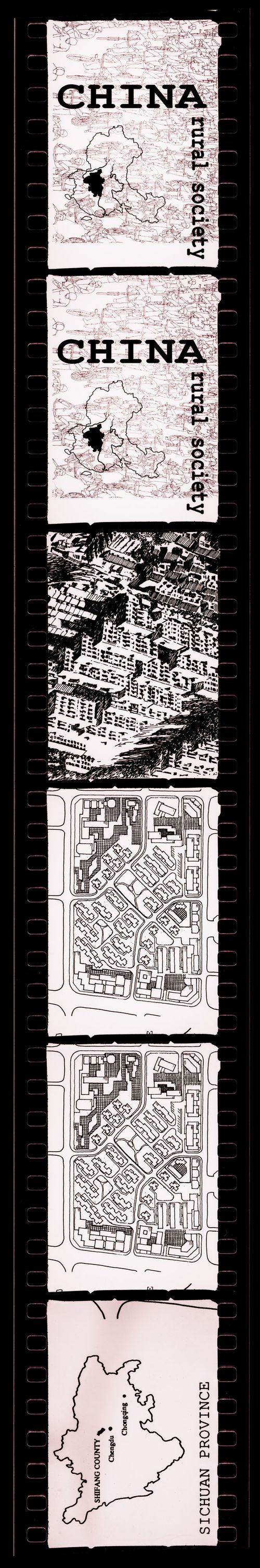 Negative strip of illustrations for the publication "Housing a Billion: Urban Upgrading: Design Ideals for Rural China" publication