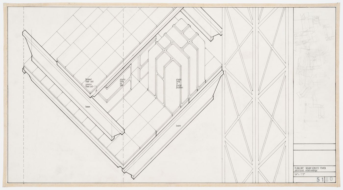 Fun Palace: axonometric projection of floor unit showing structural relationship between beams and service tower