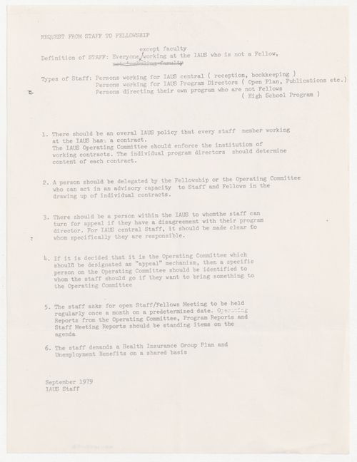List of requests from IAUS staff to the Fellows