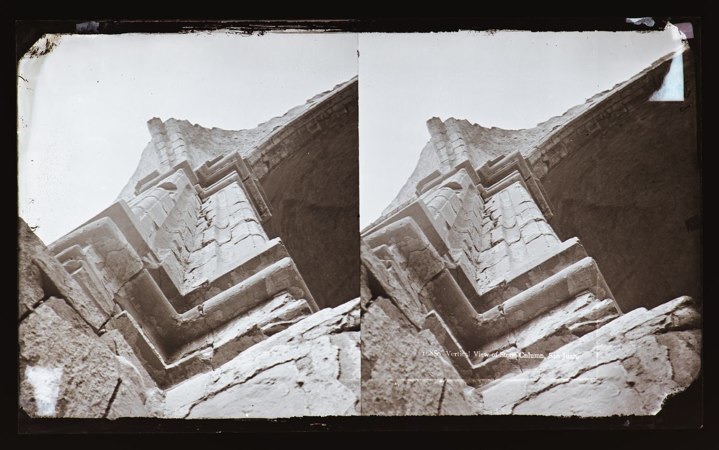 Stereograph of stone column, Mission San Juan Capistrano, California, United States of America