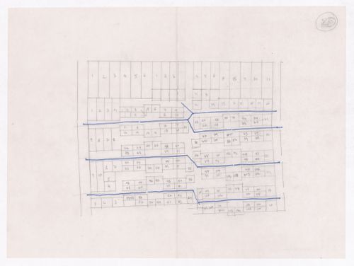 Sketch showing plots layout development for Minimum Cost Housing Group's plot in Aranya township, India, for Aranya Housing Project