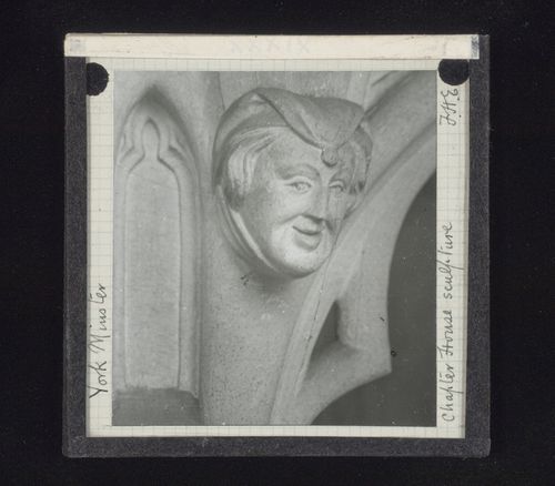 View of sculpture of head in Chapter House of York Minster, York, North Yorkshire, England