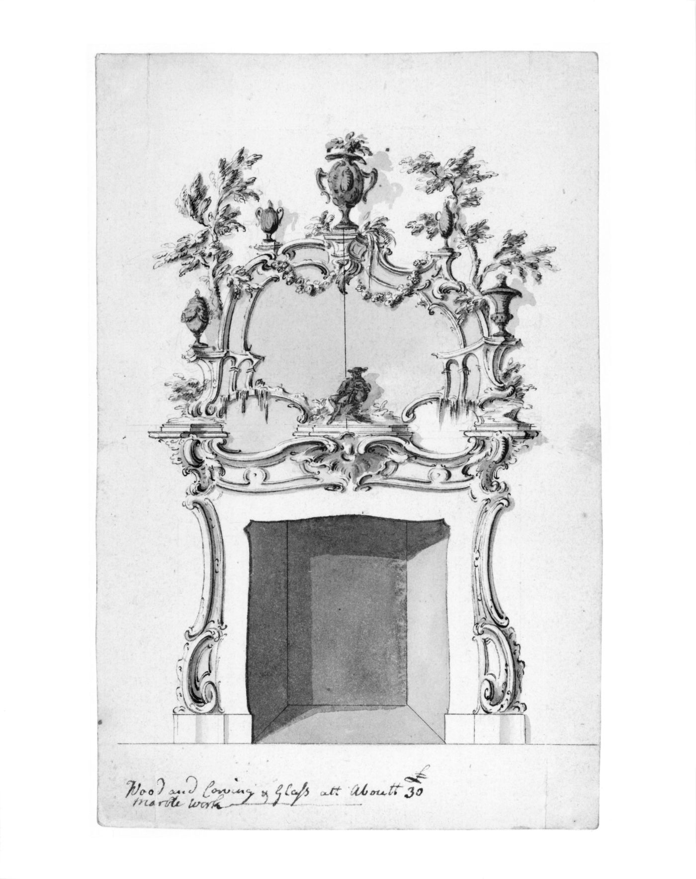 Design for a Rococo Fireplace with Chinese elements, surmounted by a mirror with a seated shepherd, cascades and garlands, 1755-60