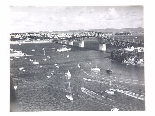 Aerial view of the Auckland Harbour Bridge, over the Waitematā Harbour, Auckland, New Zealand