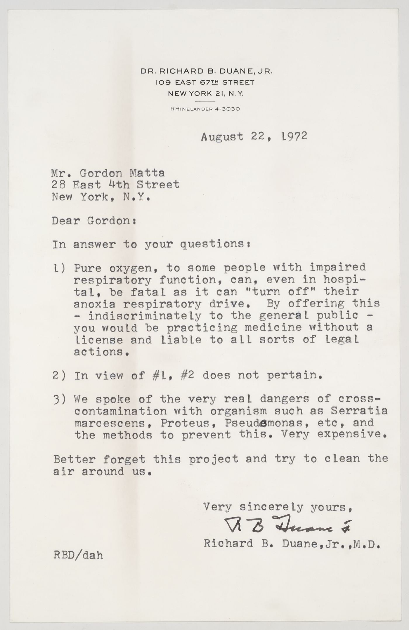 Letter from Dr. Richard B. Duane, jr. to Gordon Matta-Clark