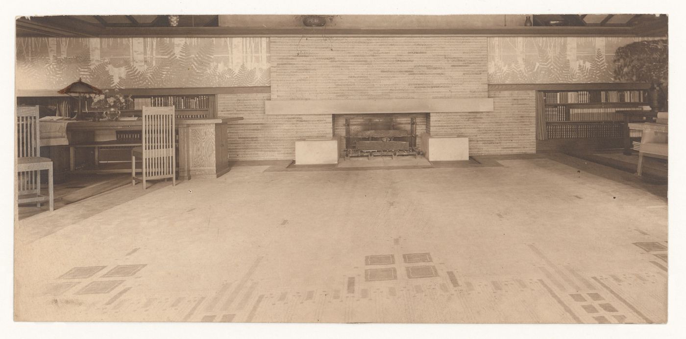 Interior view of Coonley House showing the living room and fireplace, Riverside, Illinois