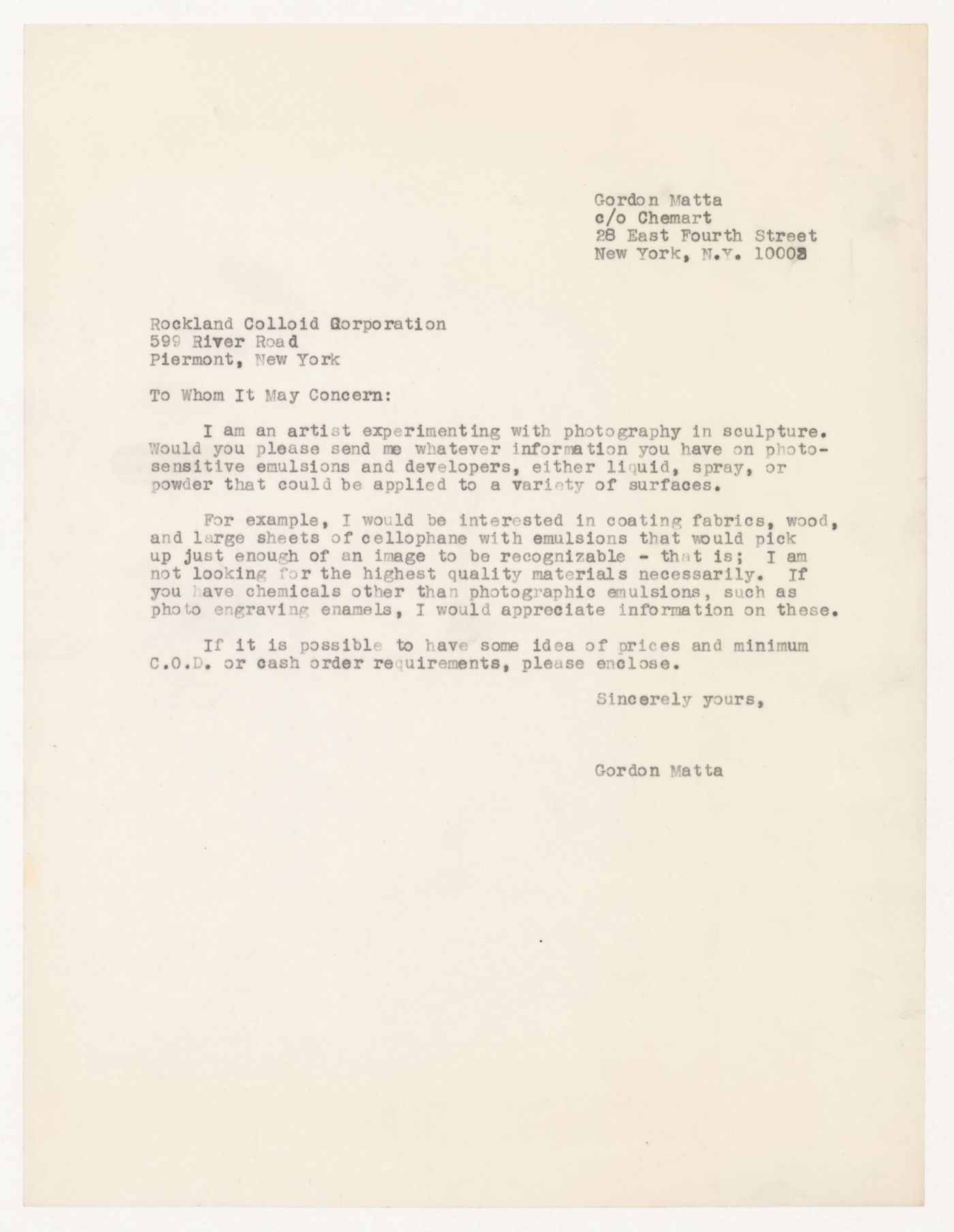 Letter from Gordon Matta-Clark to Rockland Colloid Corporation