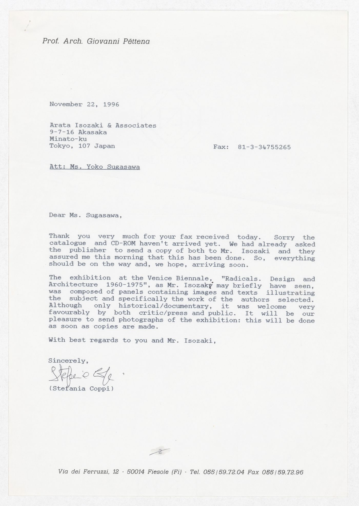 Correspondence with Yoko Sugasawa of Arata Isozaki & Associates regarding the exhibition Radicals. Architecttura e Design 1960-1975