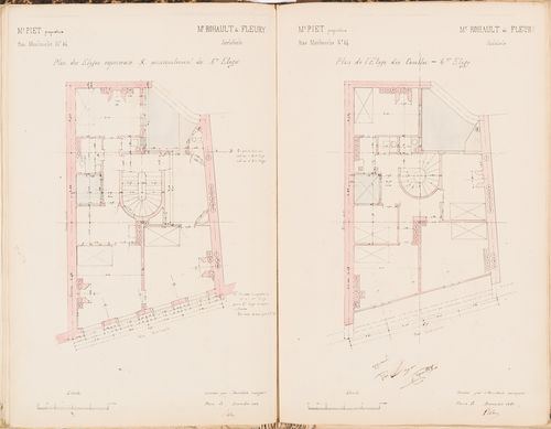 Contract drawings for an apartment house for Monsieur Piet, 64 rue Montmartre, Paris: Plan for the upper floors and plan for the "combles"